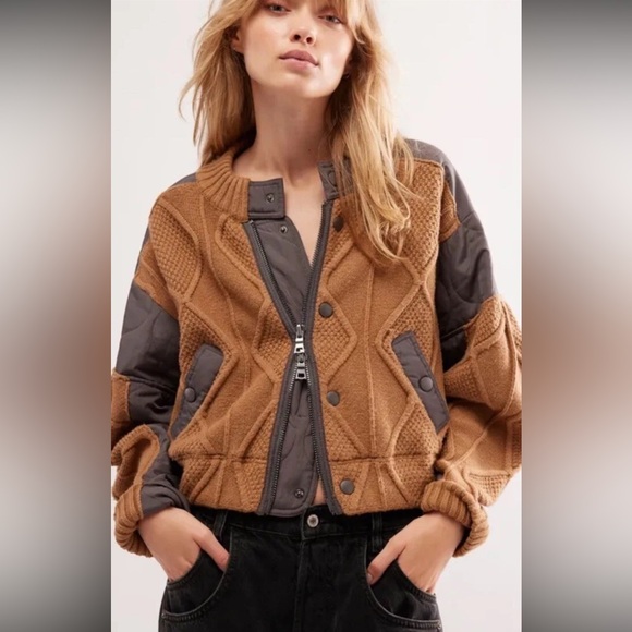 NWOT Free People Block Party Bomber Jacket Tobacco Pavement Combo Size L - Picture 3 of 9